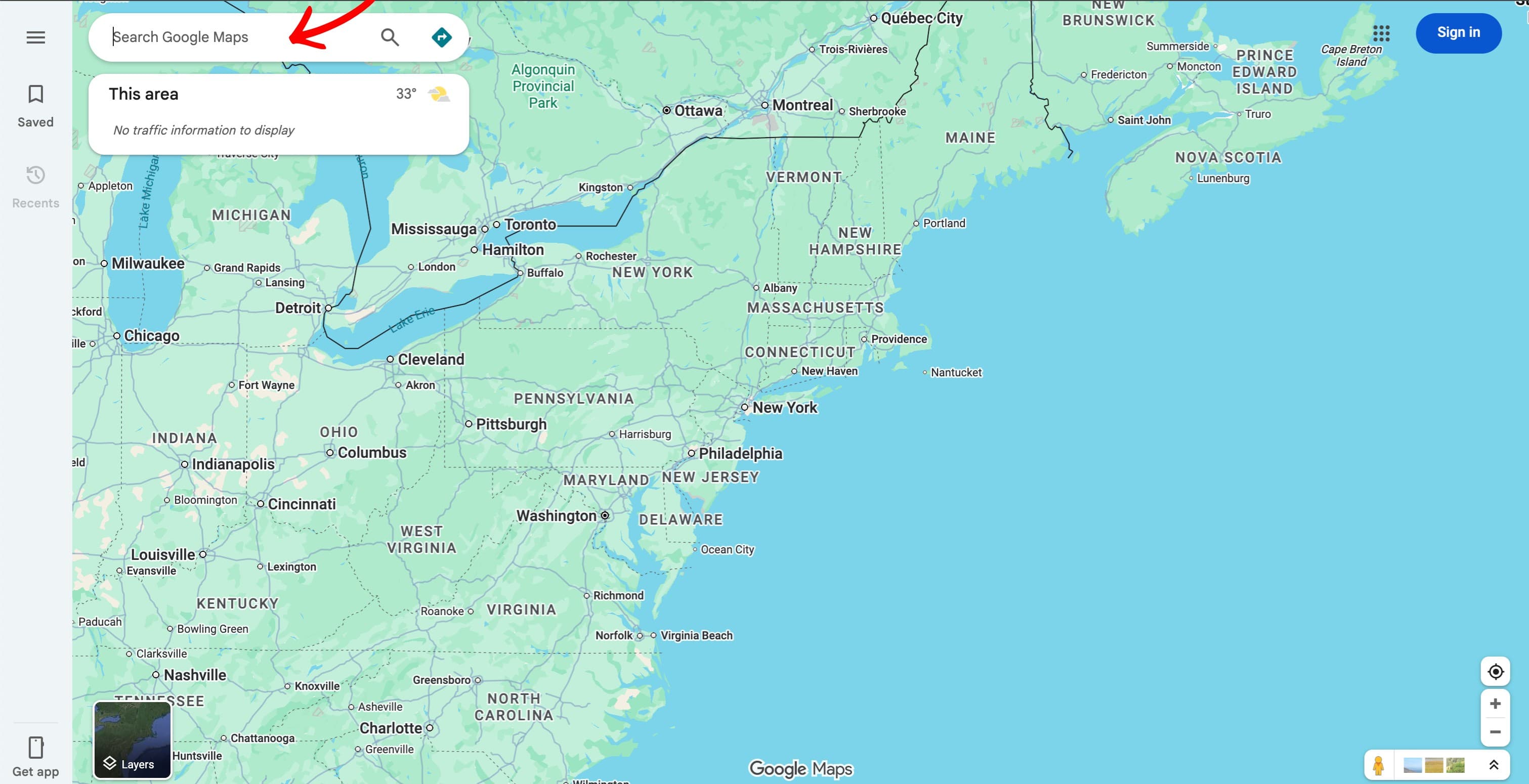 Google Maps homepage with search bar highlighted