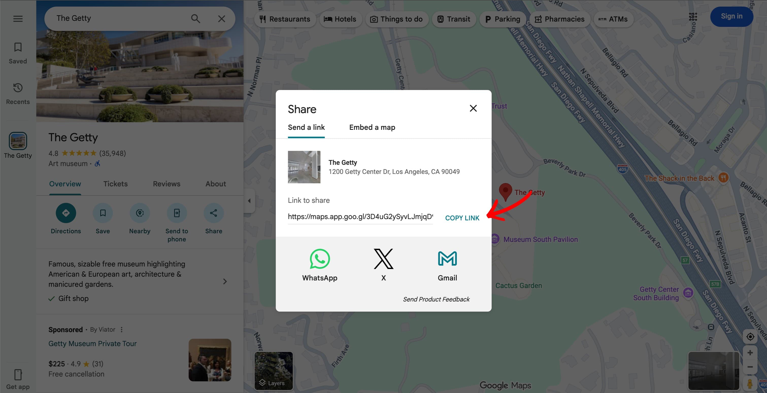 Google Maps share modal with Copy Link button highlighted