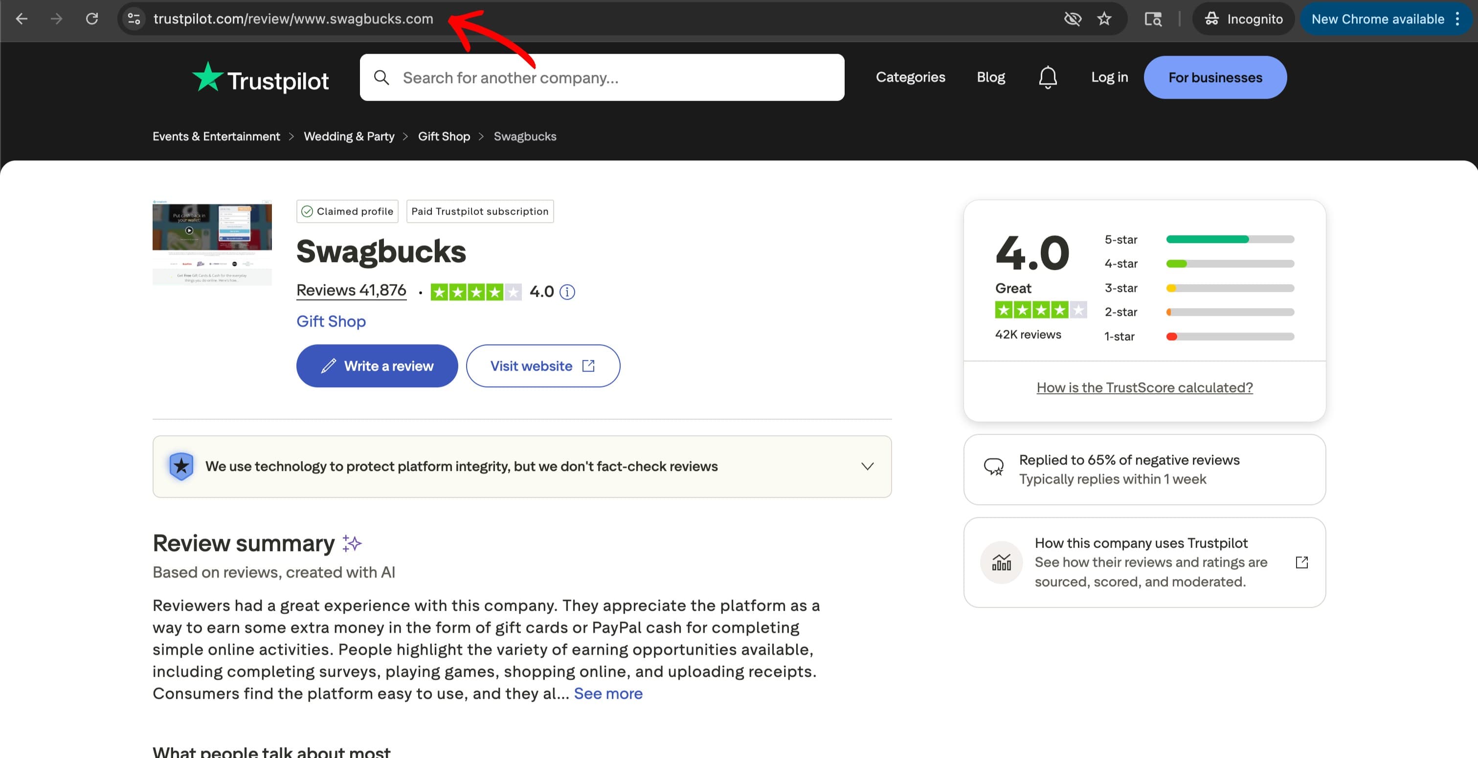 Trustpilot company page with URL bar highlighted