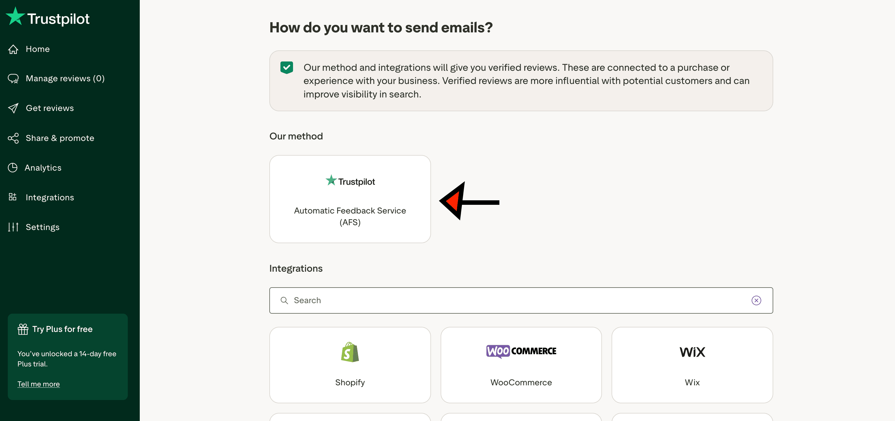 Trustpilot template selection screen with Select button highlighted