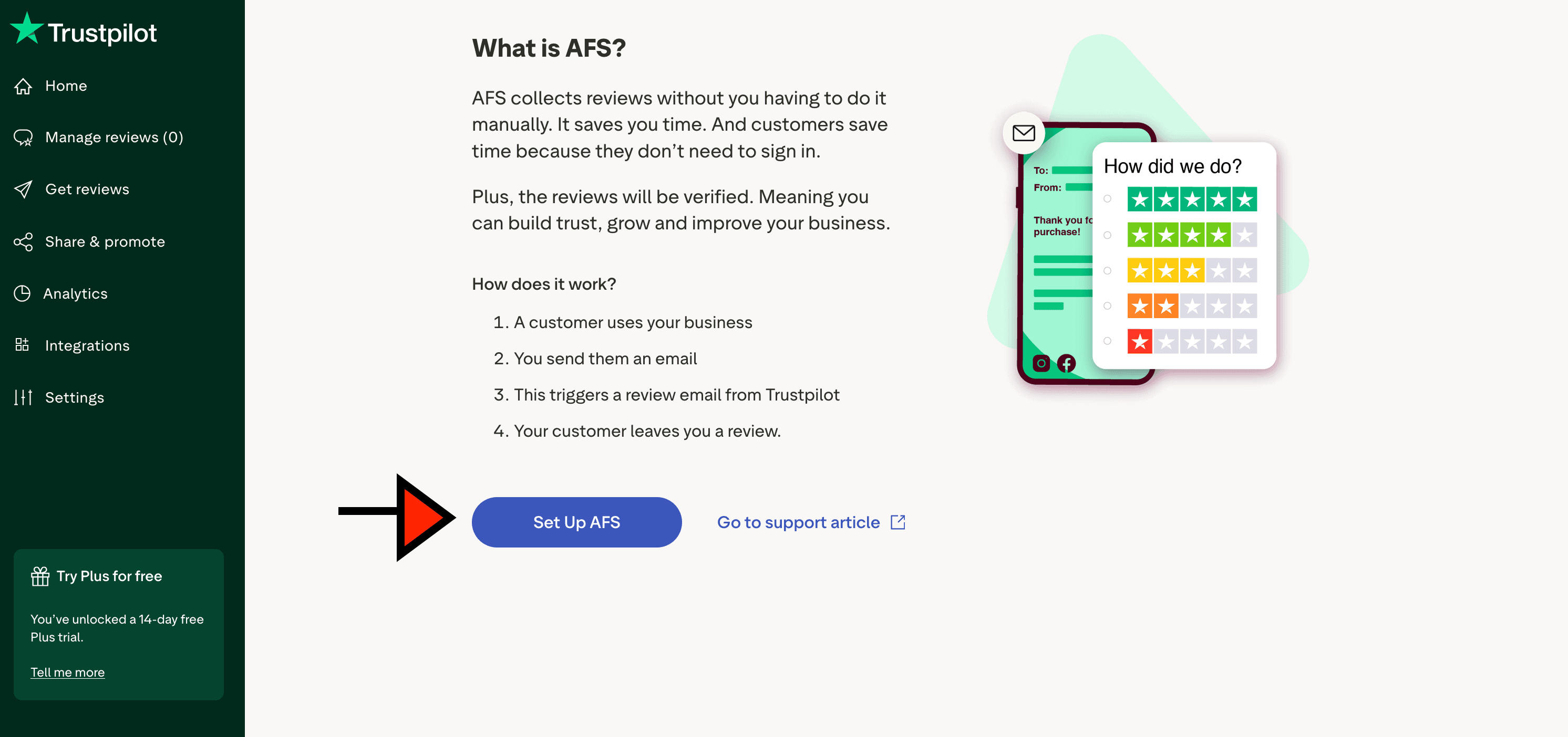 Trustpilot method selection screen with Automatic Feedback Service option highlighted