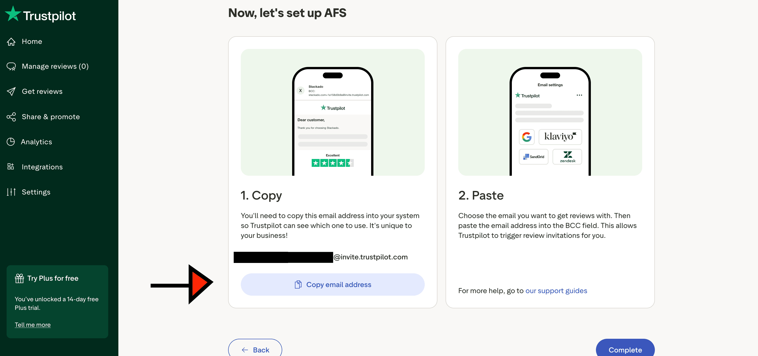 Trustpilot setup screen with Copy email address button highlighted